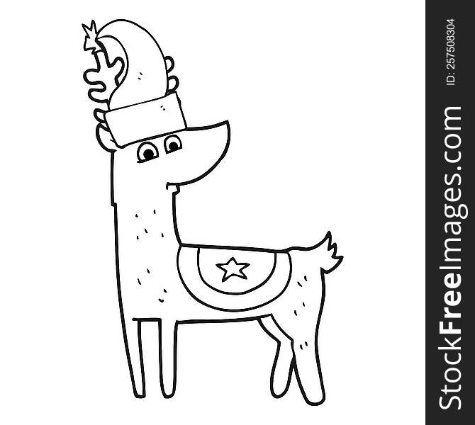 Black And White Cartoon Reindeer Wearing Christmas Hat