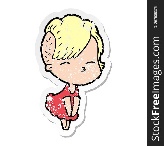 distressed sticker of a cartoon squinting girl in dress