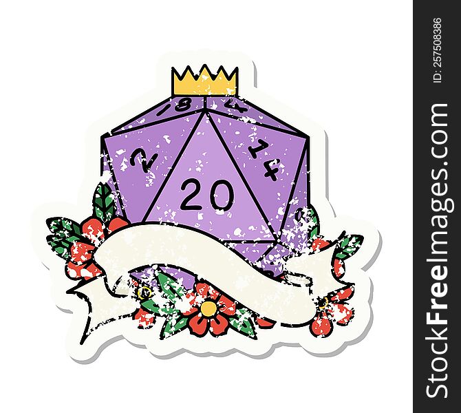 grunge sticker of a natural twenty D20 dice roll. grunge sticker of a natural twenty D20 dice roll