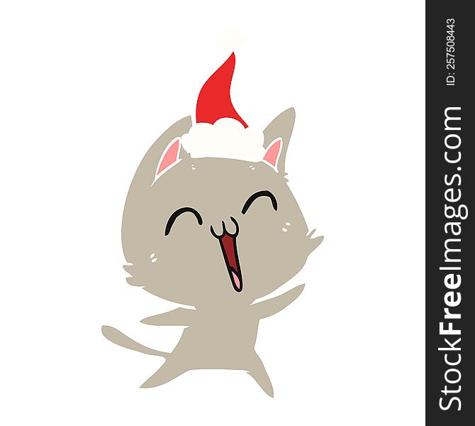 Happy Flat Color Illustration Of A Cat Wearing Santa Hat