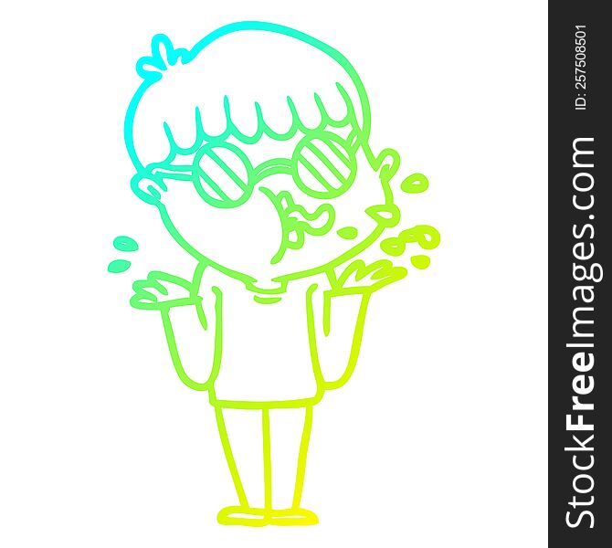 cold gradient line drawing of a cartoon boy wearing spectacles shrugging shoulders