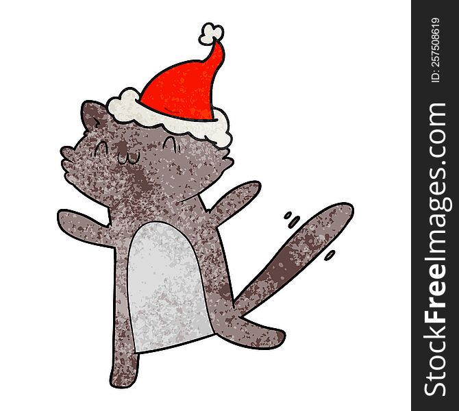 Textured Cartoon Of A Dancing Cat Wearing Santa Hat