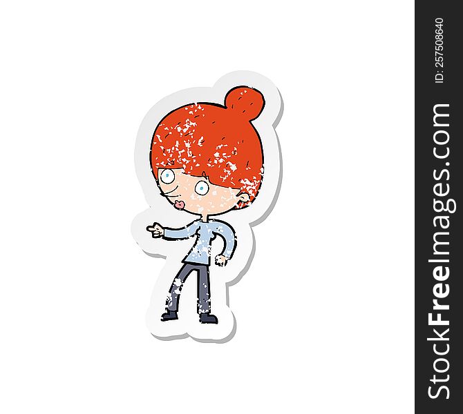 retro distressed sticker of a cartoon woman pointing