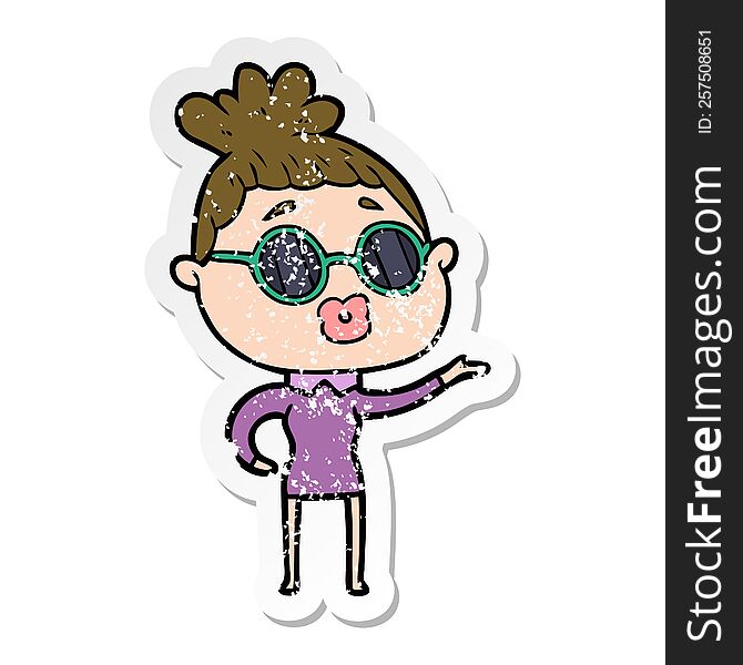 Distressed Sticker Of A Cartoon Woman Wearing Sunglasses