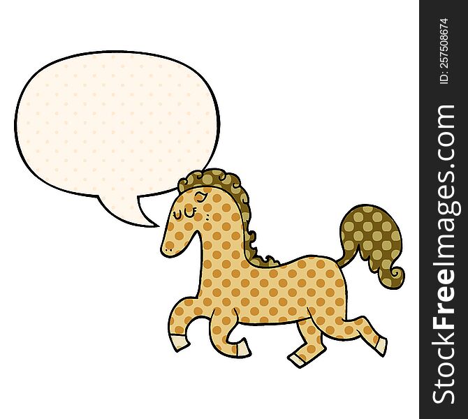 Cartoon Horse Running And Speech Bubble In Comic Book Style