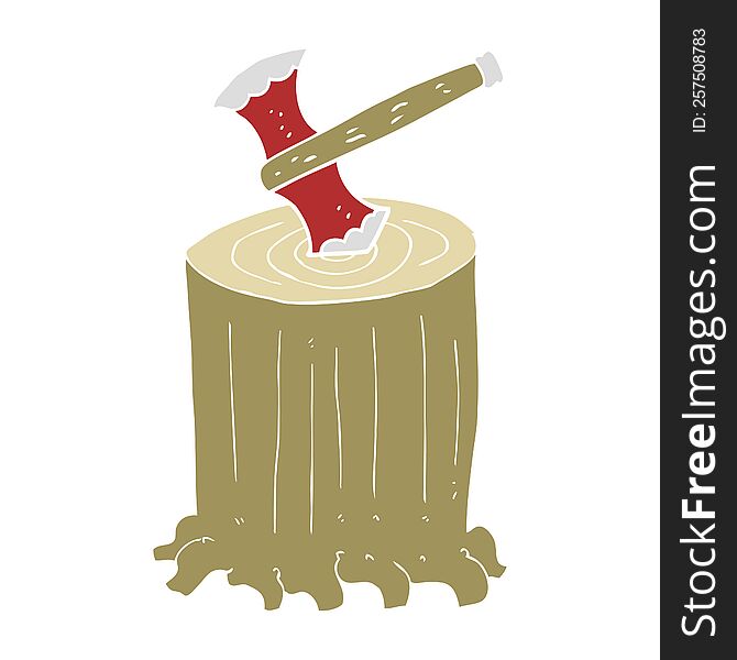 Flat Color Illustration Of A Cartoon Tree Stump And Axe