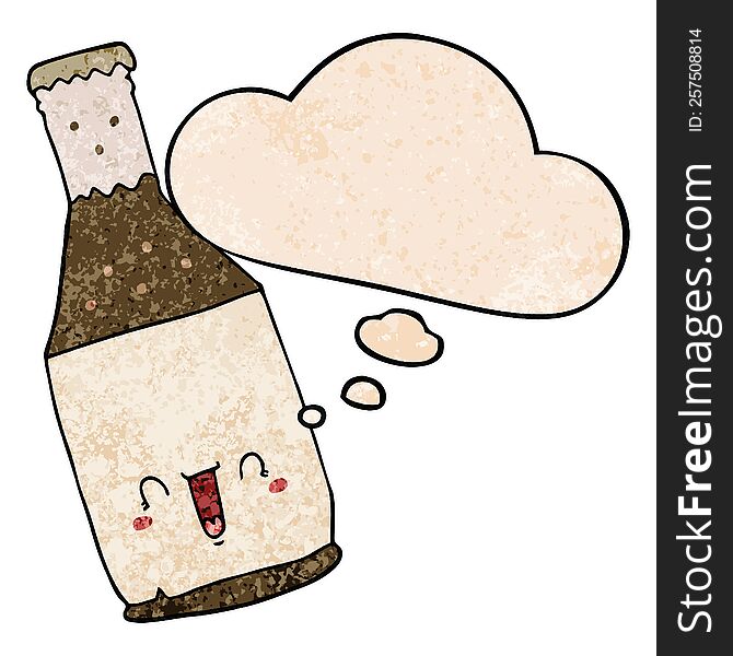cartoon beer bottle with thought bubble in grunge texture style. cartoon beer bottle with thought bubble in grunge texture style