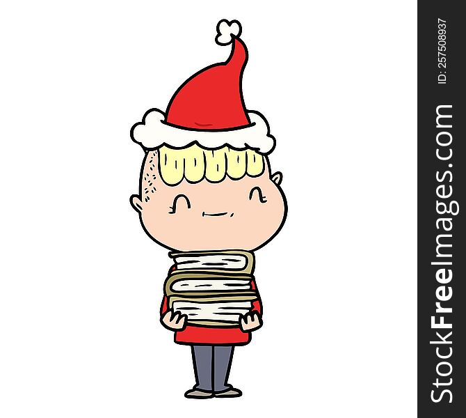 line drawing of a friendly boy with books wearing santa hat