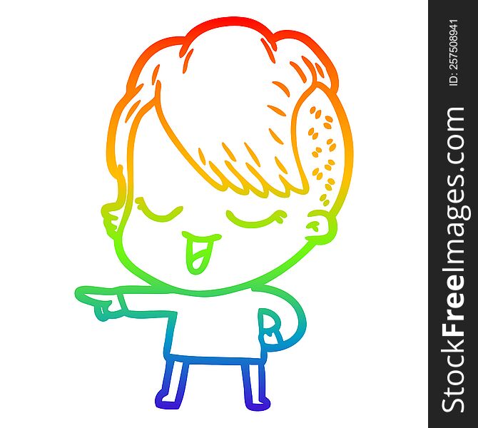 rainbow gradient line drawing of a happy cartoon girl pointing