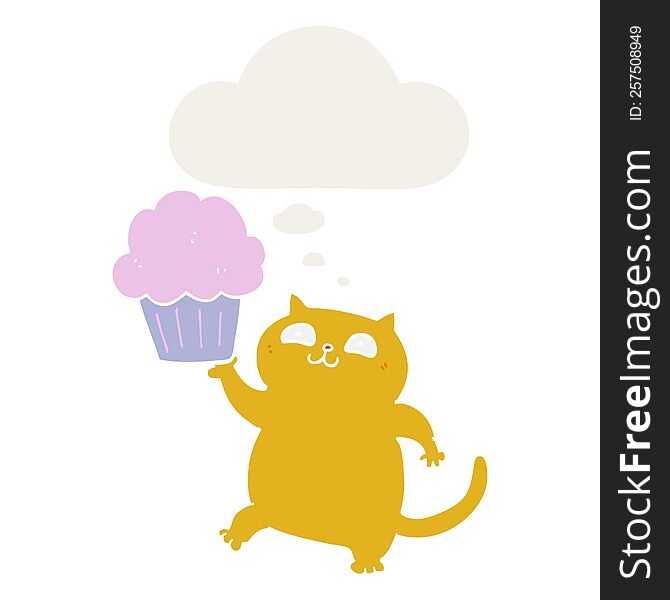 Cartoon Cat With Cupcake And Thought Bubble In Retro Style