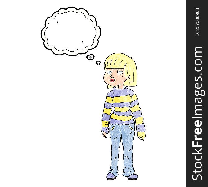 freehand drawn thought bubble textured cartoon woman in casual clothes