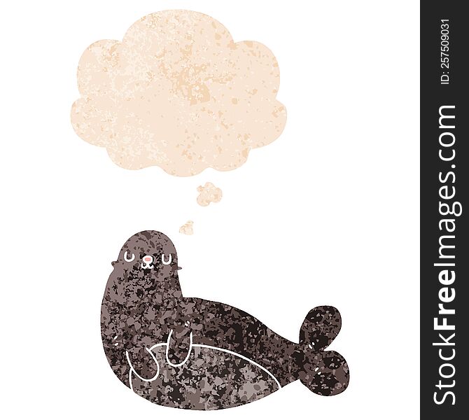 Cartoon Seal And Thought Bubble In Retro Textured Style
