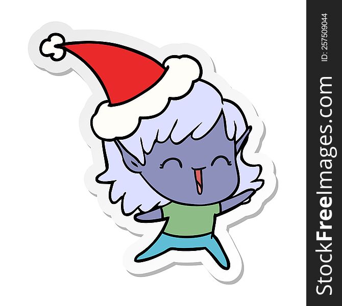 Sticker Cartoon Of A Elf Girl Wearing Santa Hat