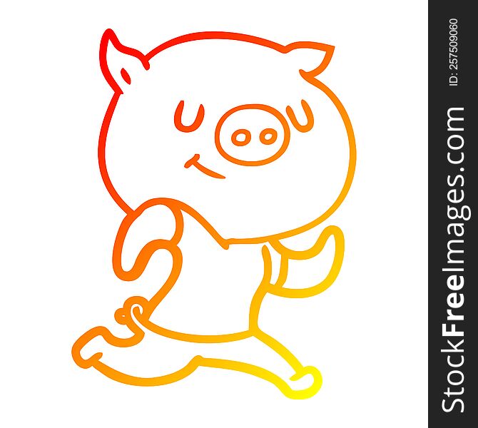 Warm Gradient Line Drawing Happy Cartoon Pig Running