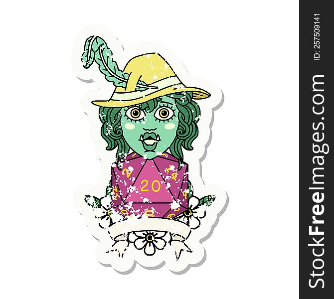 grunge sticker of a half orc bard with natural 20 dice roll. grunge sticker of a half orc bard with natural 20 dice roll