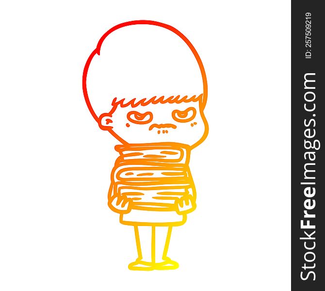 Warm Gradient Line Drawing Angry Cartoon Boy With Books