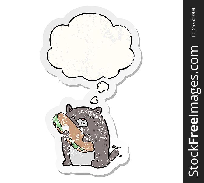cartoon cat with sandwich with thought bubble as a distressed worn sticker