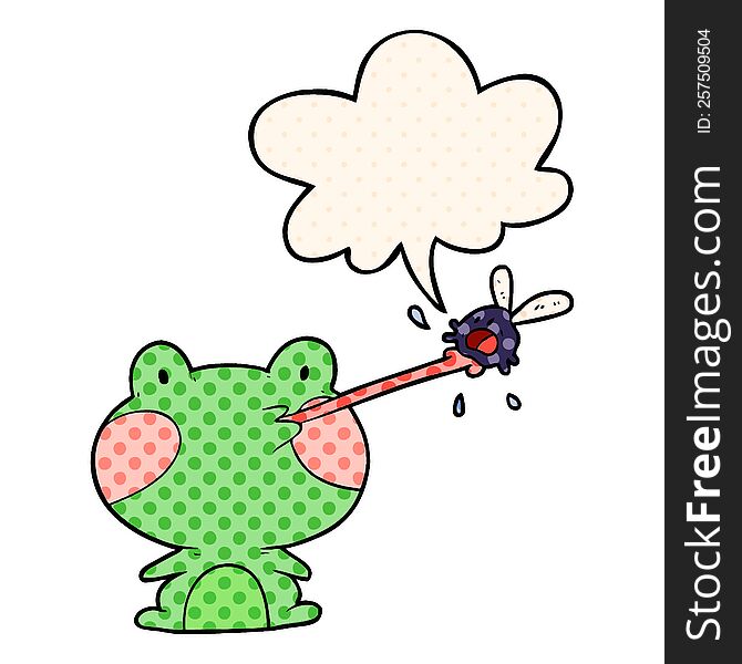 cute cartoon frog catching fly and tongue and speech bubble in comic book style