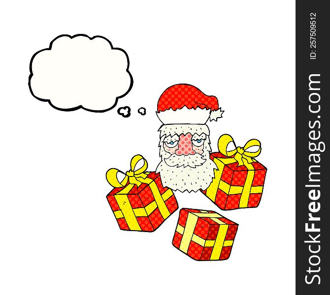 thought bubble cartoon tired santa claus face with presents