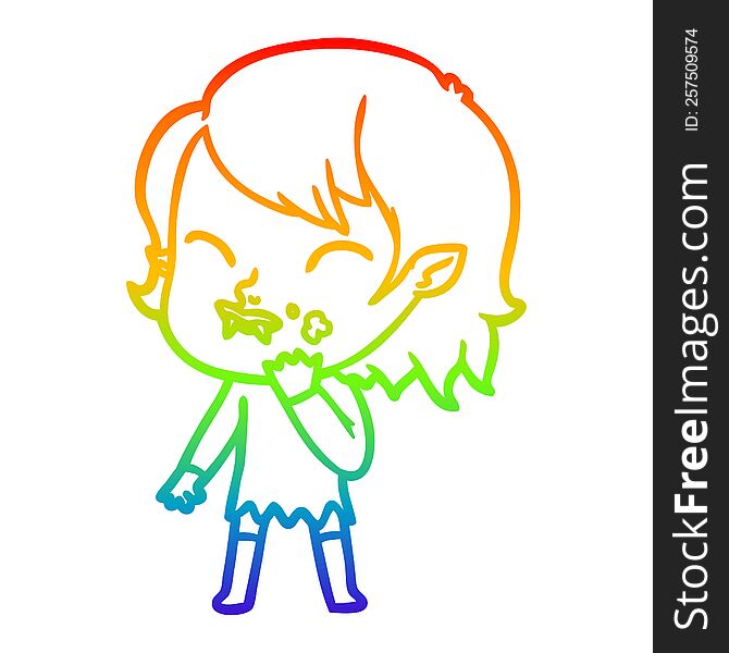 rainbow gradient line drawing of a cartoon vampire girl with blood on cheek