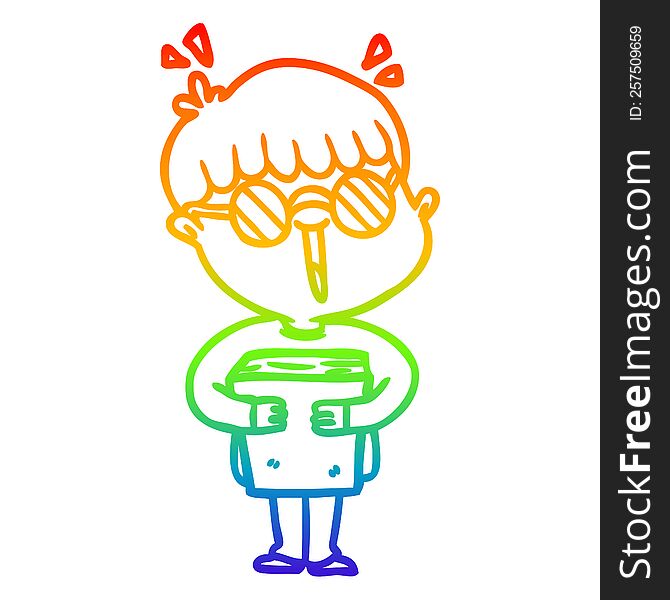 rainbow gradient line drawing of a cartoon boy and book