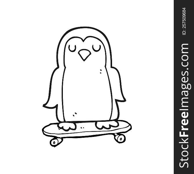 freehand drawn black and white cartoon bird on skateboard
