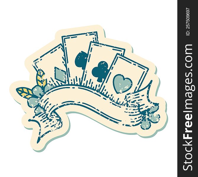 Distressed Sticker Tattoo Style Icon Of Cards And Banner