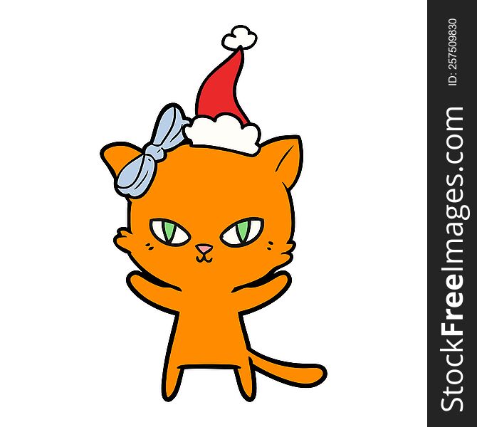 Cute Line Drawing Of A Cat Wearing Santa Hat