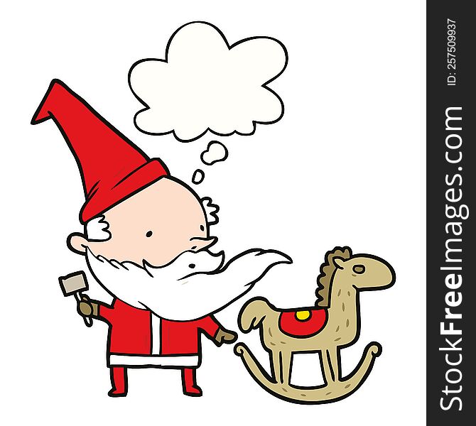 cartoon santa making toy with thought bubble. cartoon santa making toy with thought bubble