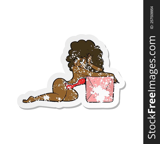 retro distressed sticker of a cartoon pin up woman with box