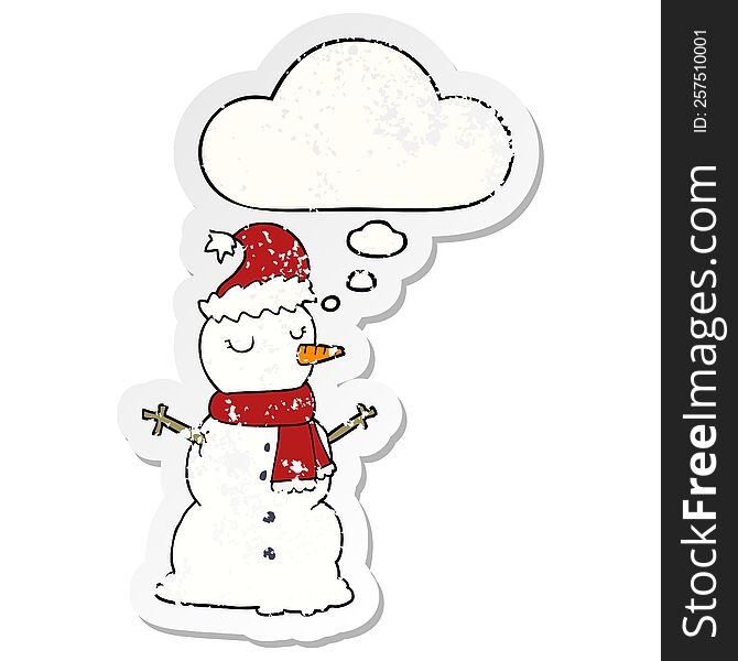 cartoon snowman with thought bubble as a distressed worn sticker