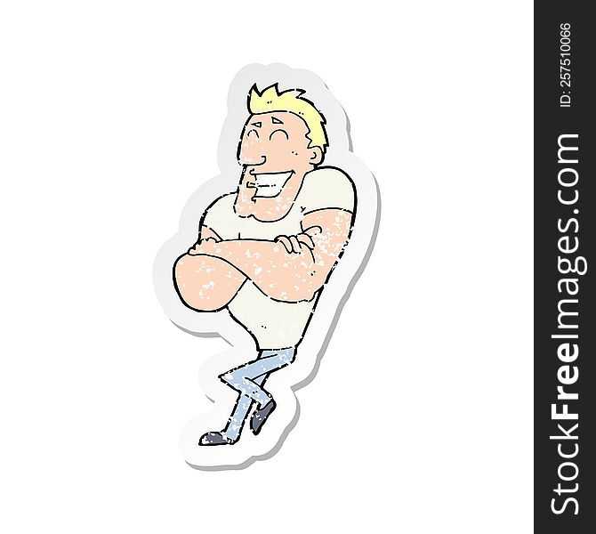 retro distressed sticker of a cartoon muscle guy