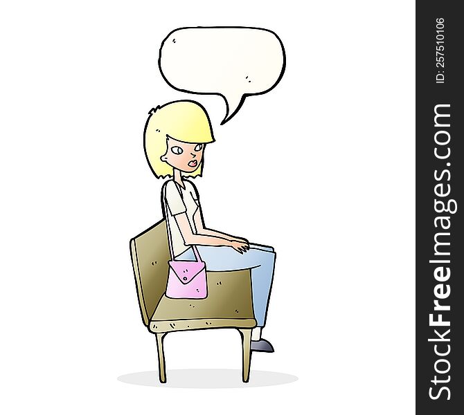 cartoon woman sitting on bench with speech bubble