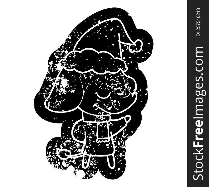 quirky cartoon distressed icon of a smiling elephant wearing scarf wearing santa hat