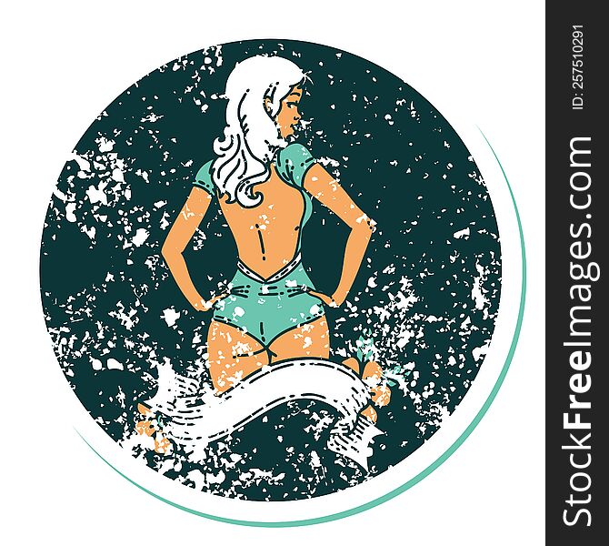 Distressed Sticker Tattoo Style Icon Of A Pinup Swimsuit Girl With Banner