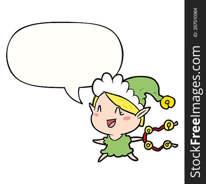 Cartoon Happy Christmas Elf And Speech Bubble