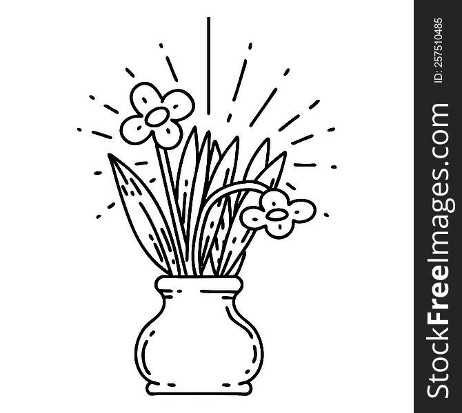 illustration of a traditional black line work tattoo style flowers in vase