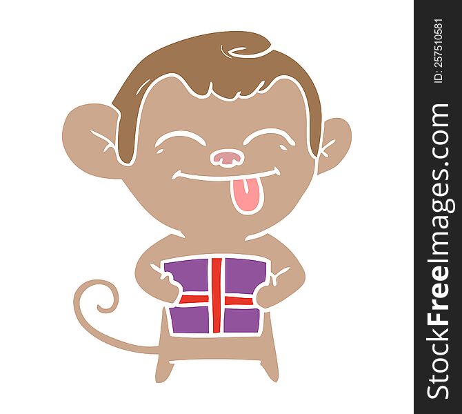 Funny Flat Color Style Cartoon Monkey With Christmas Present
