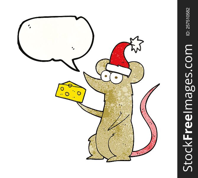 freehand speech bubble textured cartoon christmas mouse with cheese