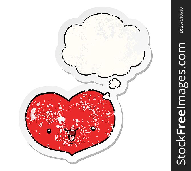 cartoon love heart character with thought bubble as a distressed worn sticker
