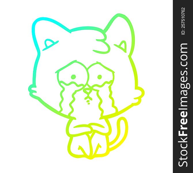 Cold Gradient Line Drawing Crying Cat Cartoon