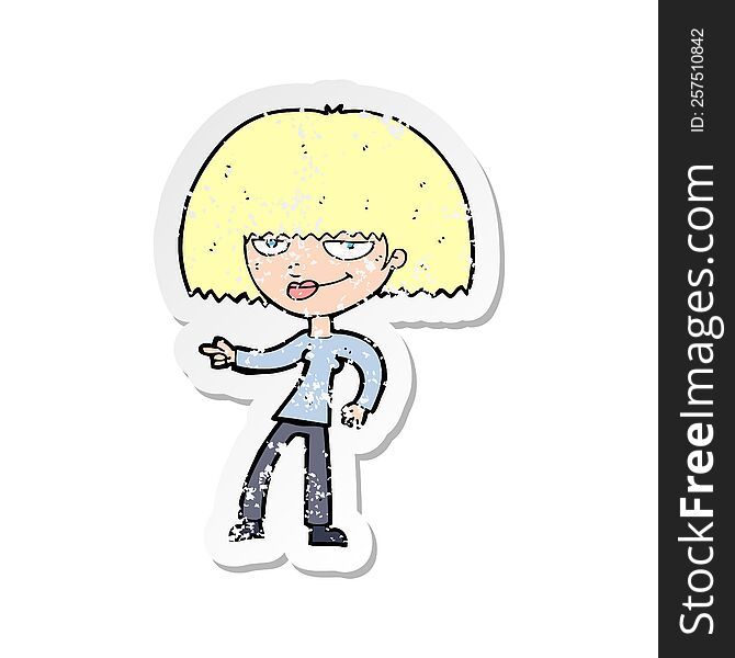 Retro Distressed Sticker Of A Cartoon Happy Woman Pointing