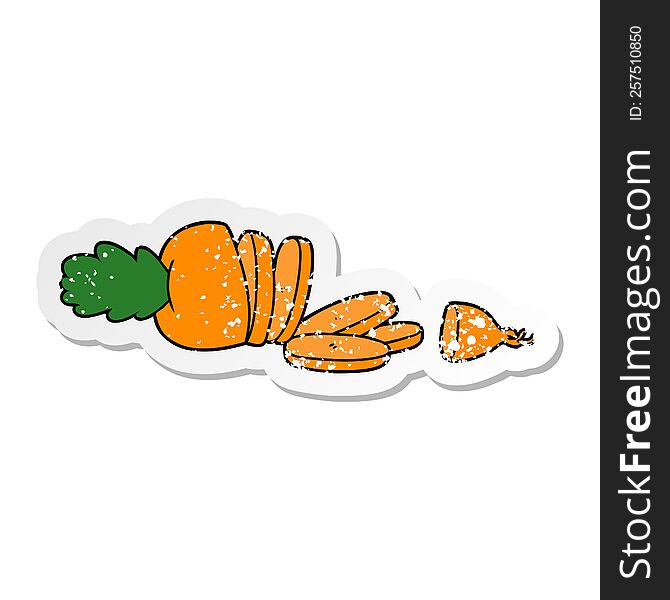 Distressed Sticker Of A Cartoon Carrot Chopped