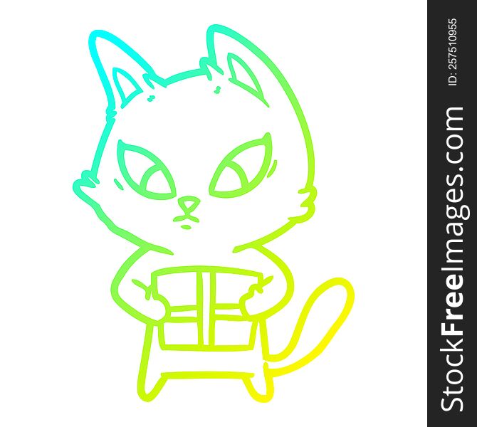 cold gradient line drawing confused cartoon cat with gift