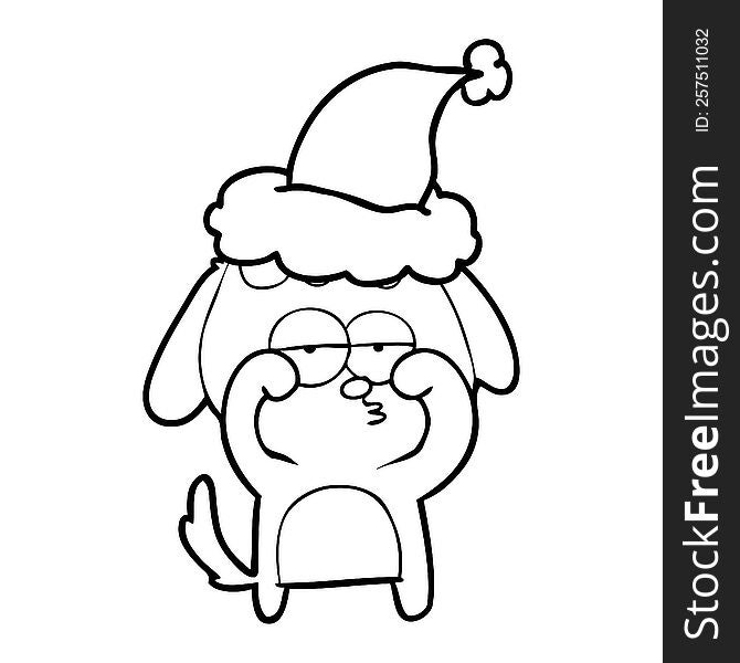 hand drawn line drawing of a tired dog wearing santa hat