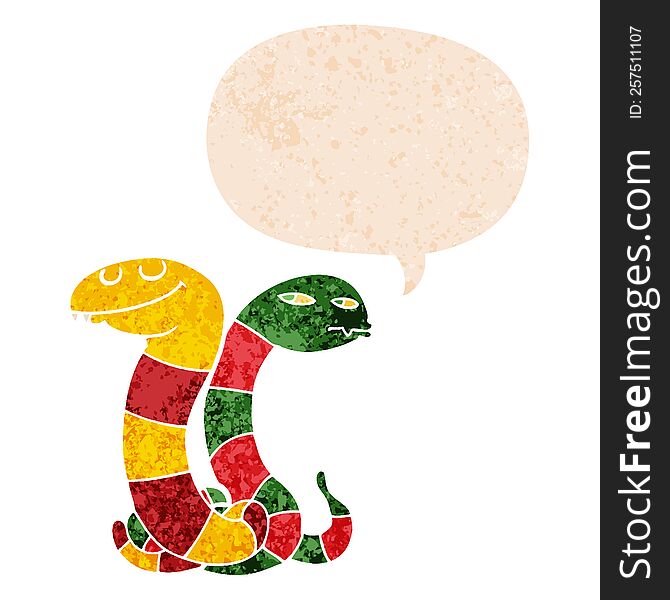 Cartoon Snakes And Speech Bubble In Retro Textured Style