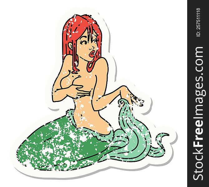 distressed sticker tattoo of a surprised mermaid