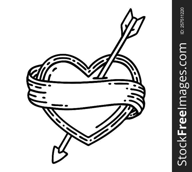 tattoo in black line style of an arrow heart and banner. tattoo in black line style of an arrow heart and banner