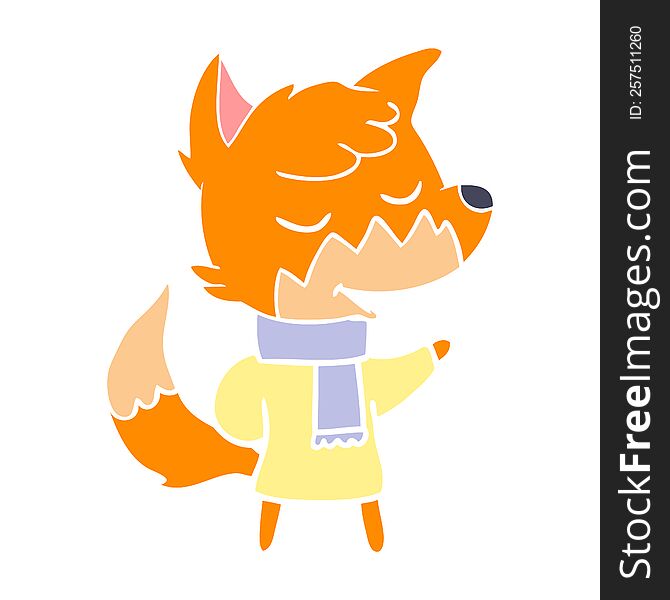 friendly flat color style cartoon fox in winter clothes