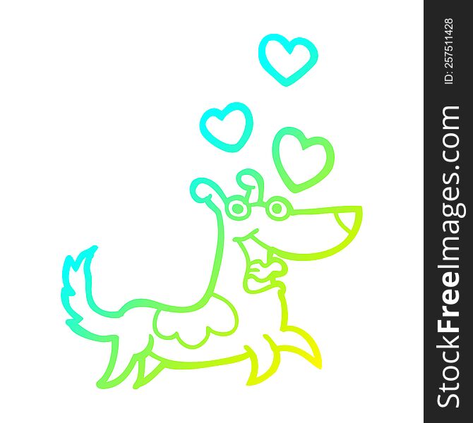 Cold Gradient Line Drawing Cartoon Dog With Love Hearts